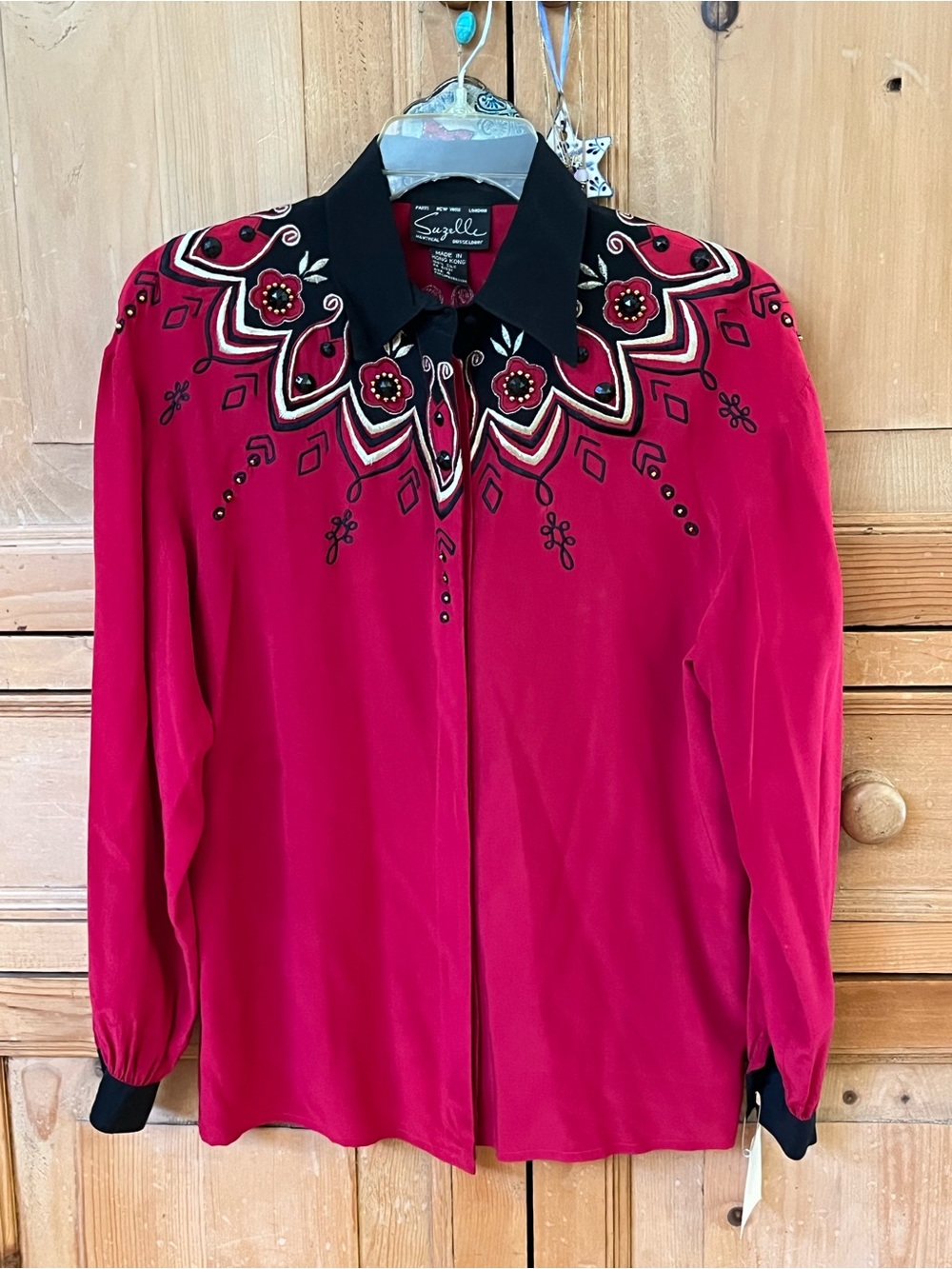 Red Embroidered Collared Button-Up Top